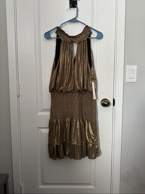 Aqua Metallic Gold Halter Midi Dress cocktail dress